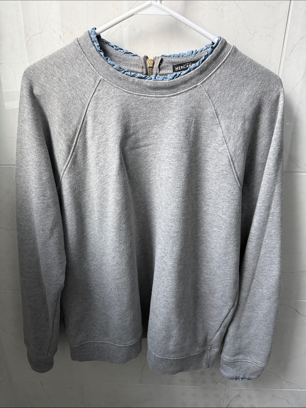 J. Crew Light Gray Crewneck Sweatshirt with Frayed Chambray Collar